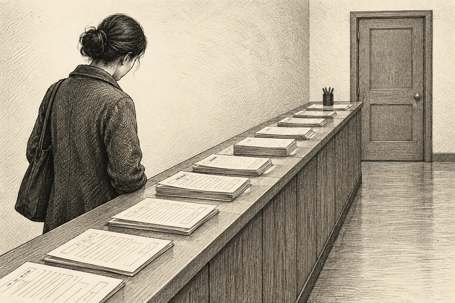 Editorial illustration: An anonymous person guides a paper form through a winding corridor of counters while a closed gate stands just before the final counter.