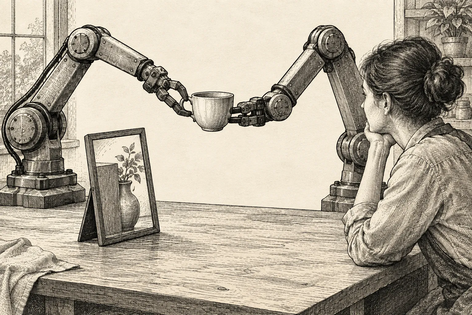 Editorial illustration: An editorial ink scene shows two mechanical arms moving a cup while a person watches from beside a worktable, with a partly hidden object reflected in a small mirror.