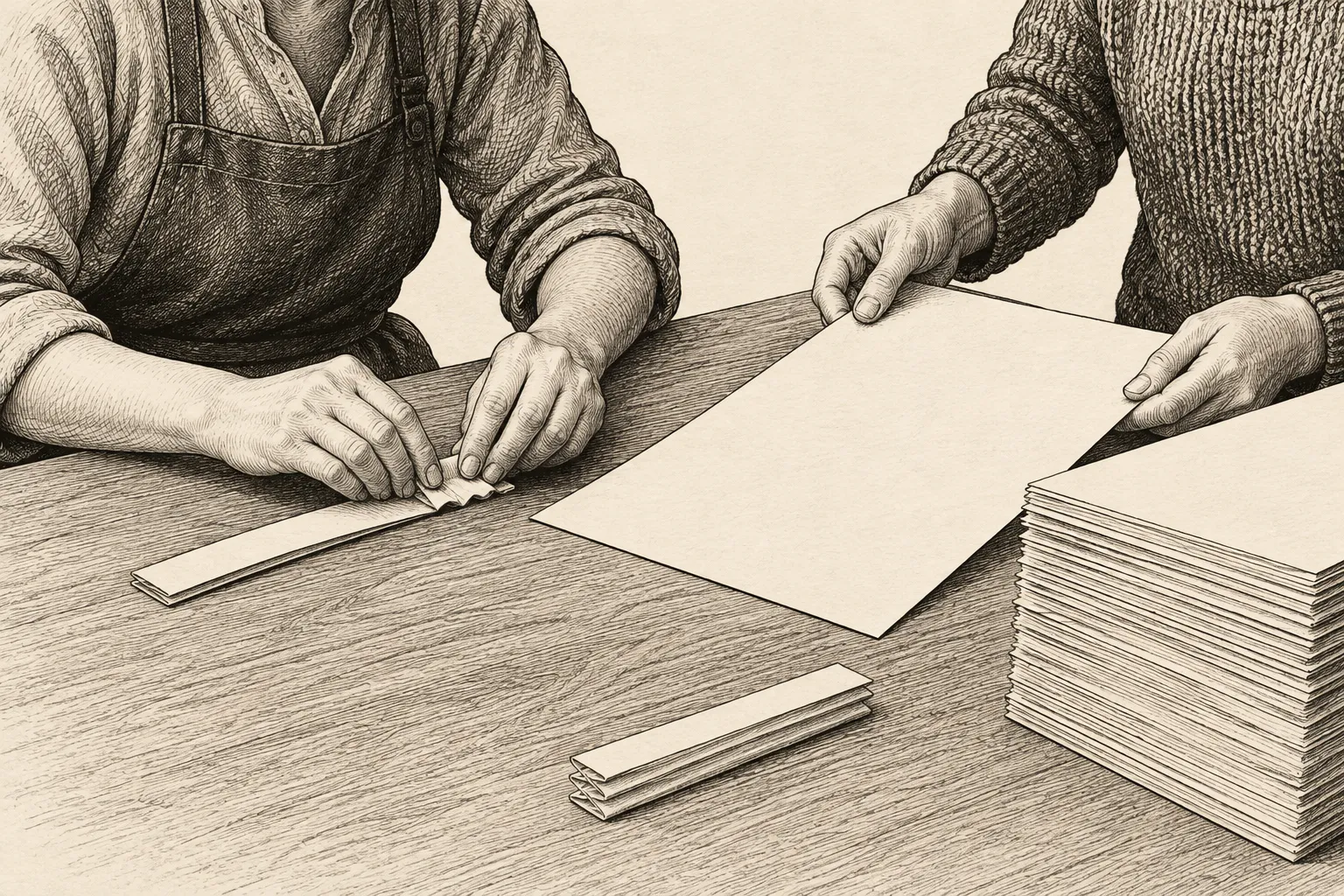 Editorial illustration: An anonymous craftsperson repeatedly folds a narrow strip of paper while a second person holds a larger sheet steady, with the finished fold placed beside a tall stack of unused sheets.