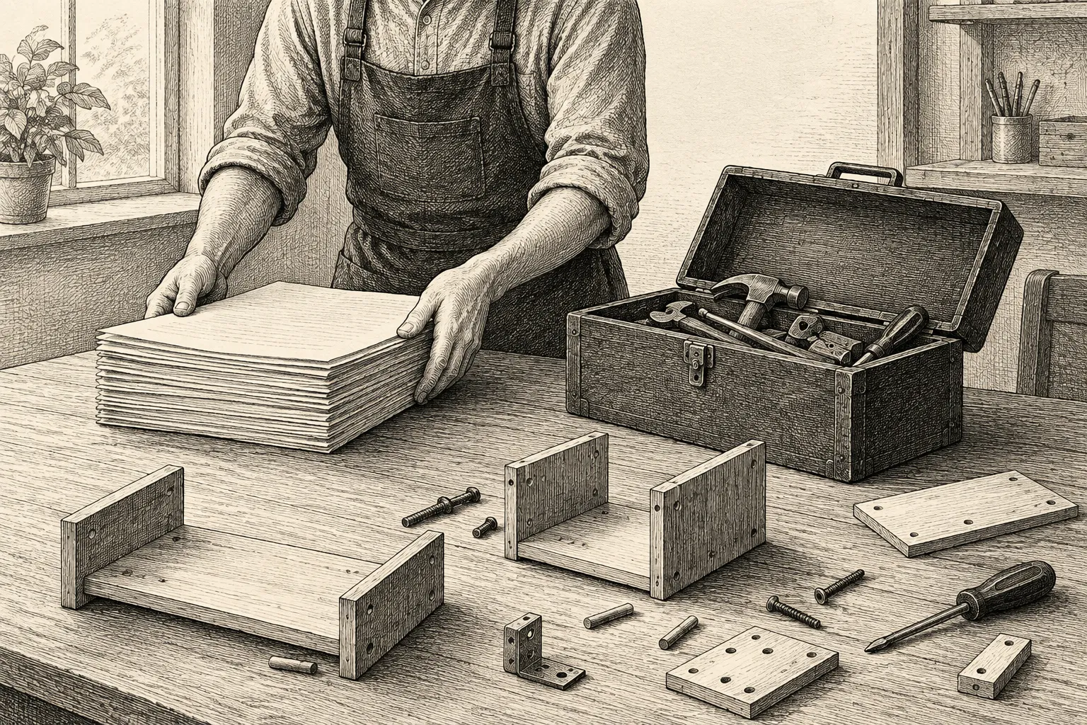 Editorial illustration: An anonymous worker lays a finished stack of papers beside an open toolbox while several partly assembled objects remain scattered across a desk.