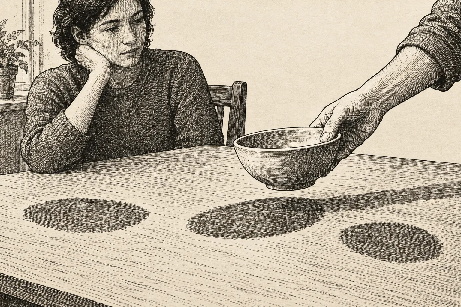 Editorial illustration: An anonymous person watches a spoon move toward a bowl while three faint, overlapping impressions show the spoon’s possible next positions.