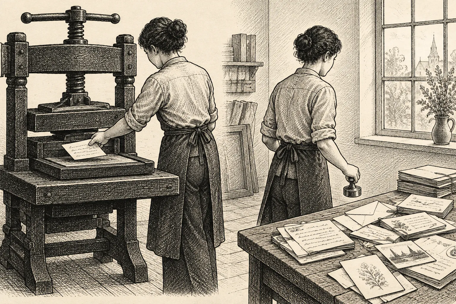 Editorial illustration: An anonymous worker places a handwritten note into a large press, then carries a small reusable metal stamp to a desk piled with varied paper messages.