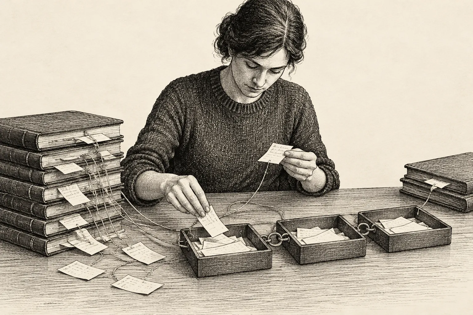 Editorial illustration: An anonymous researcher sorts loose evidence slips from a stack of journals into small connected trays, with each slip still tied to its journal by a thread.
