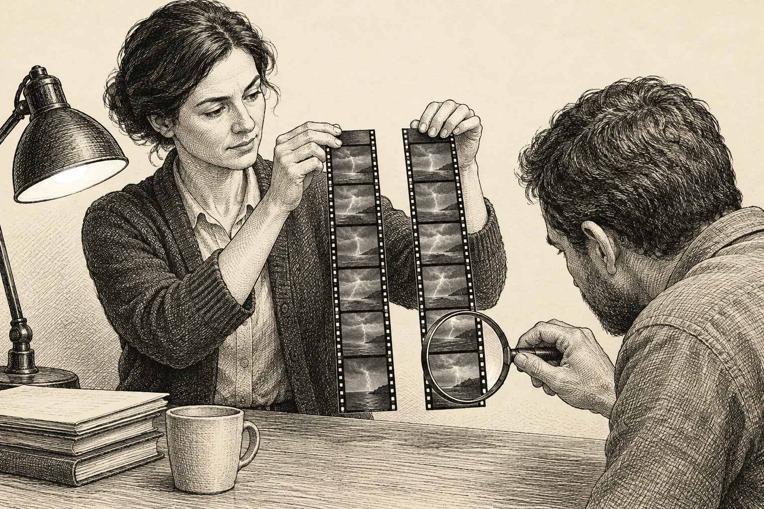 Editorial illustration: An anonymous editor holds two nearly identical strips of storm footage up to a window while a stack of copied, worn-looking film strips gathers on the desk.