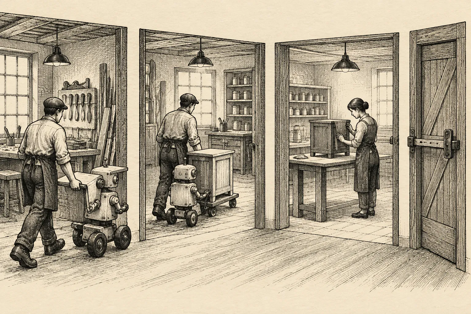 Editorial illustration: An anonymous worker and a companion move through adjoining workshop rooms, carrying a well-worn notebook and checking each doorway before passing through.