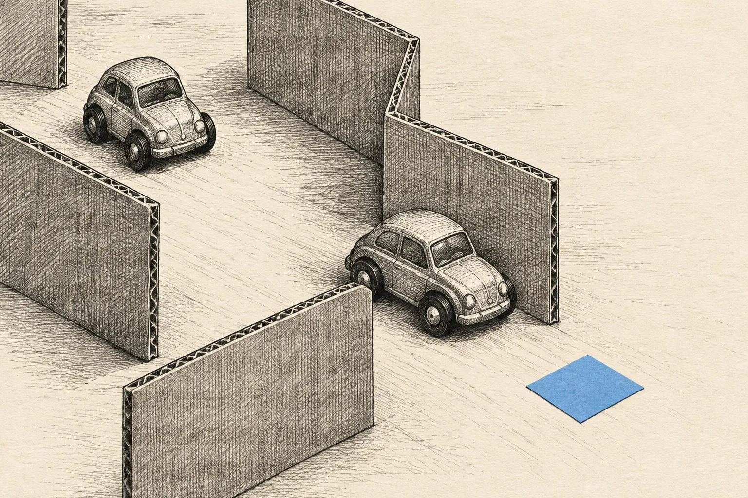 Editorial illustration: Editorial ink illustration: a single toy car passes through a solid wall of a tabletop maze on its way toward an open space, with no text, labels, letters, numbers, logos, screens, robots, charts or diagrams.