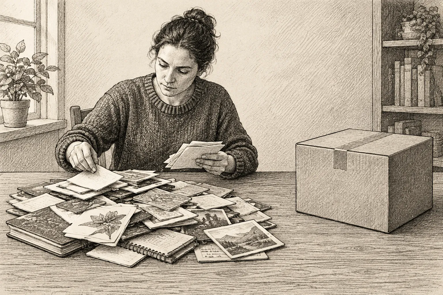 Editorial illustration: An anonymous worker sorts a heap of assorted practice materials while a sealed box of unfamiliar tasks sits across the table.
