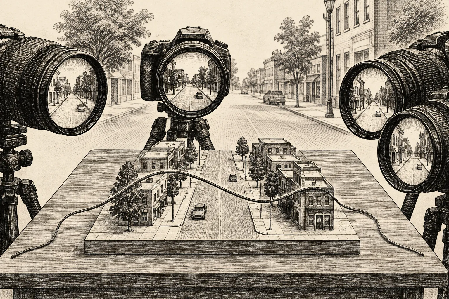 Editorial illustration: An ink drawing shows several camera lenses facing a street, with their views converging on a tabletop model of the road and a curved thread laid across it.