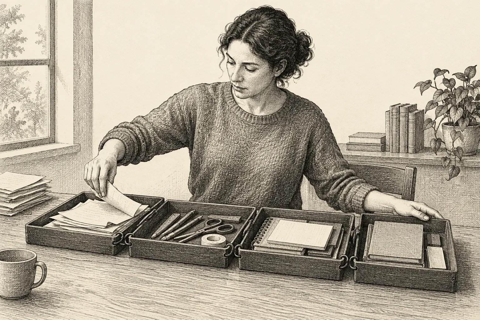 Editorial illustration: An anonymous researcher arranges loose papers into a sequence of folders while another hand adds a new page without removing the earlier ones.