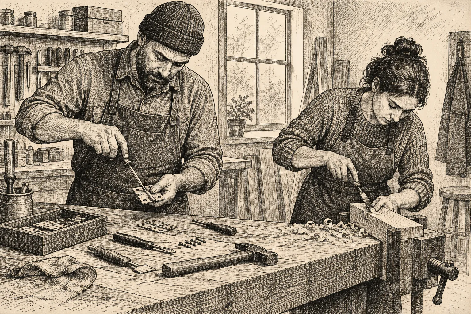 Editorial illustration: An anonymous craftsperson adjusts the handles and hinges of a tool chest while another uses its tools at a workbench.