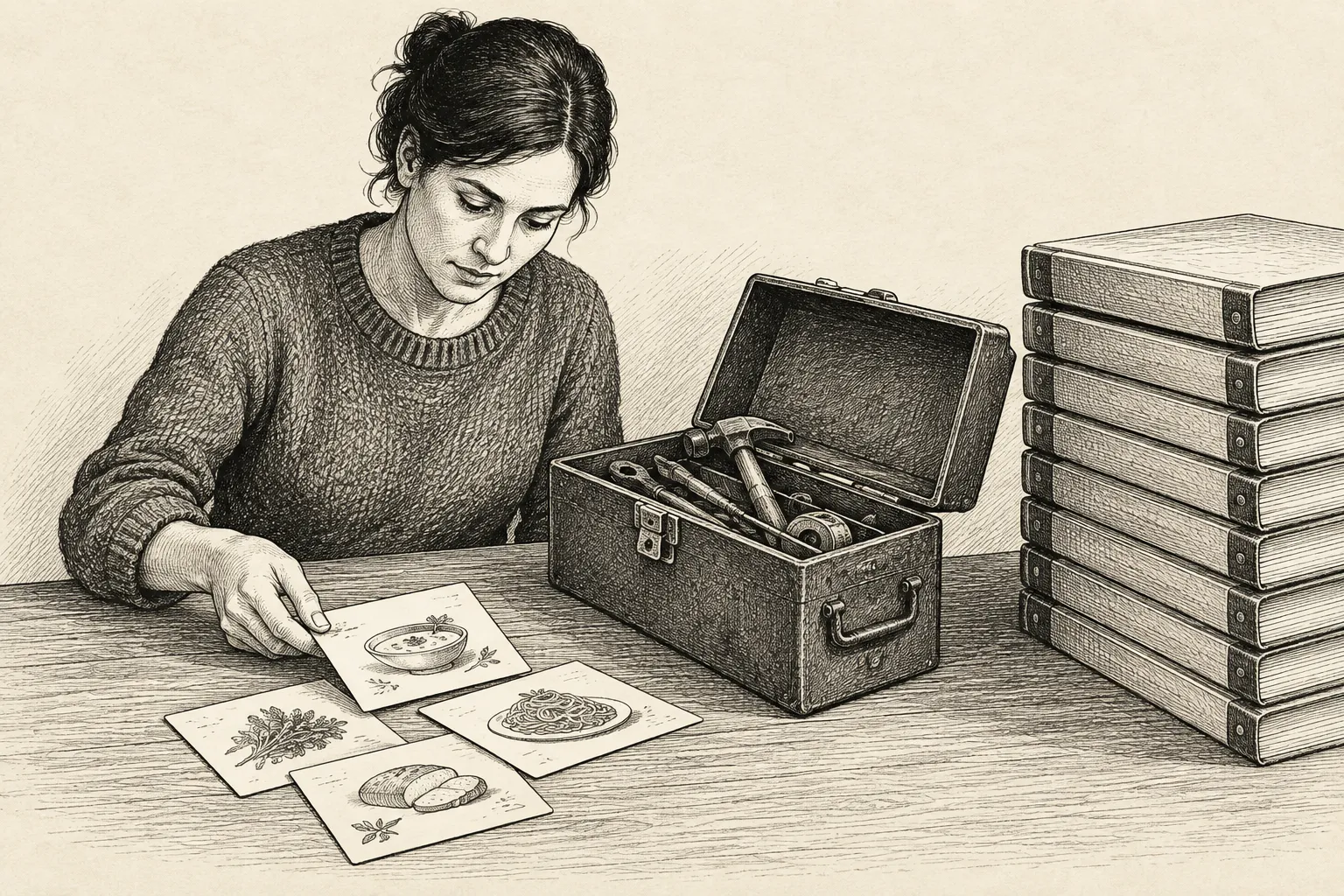 Editorial illustration: An anonymous researcher opens one small drawer of neatly arranged tools while a large wall of closed drawers remains untouched.
