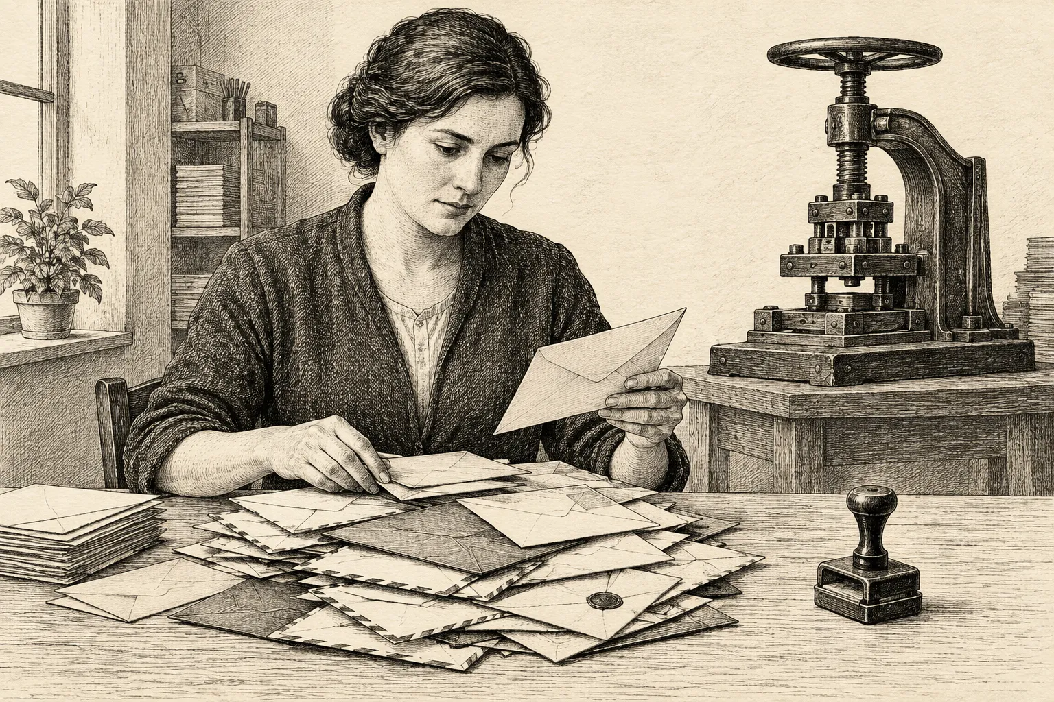 Editorial illustration: An editor hands a bundle of example letters to a small mechanical sorting box, which then sorts fresh envelopes while the editor walks away.