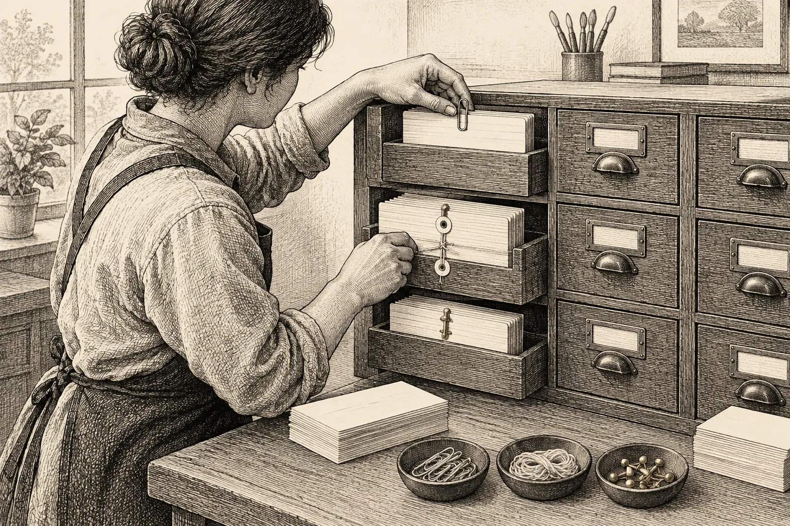 Editorial illustration: An anonymous craftsperson adds new cards to a cabinet while carefully securing older cards with three different kinds of fasteners.