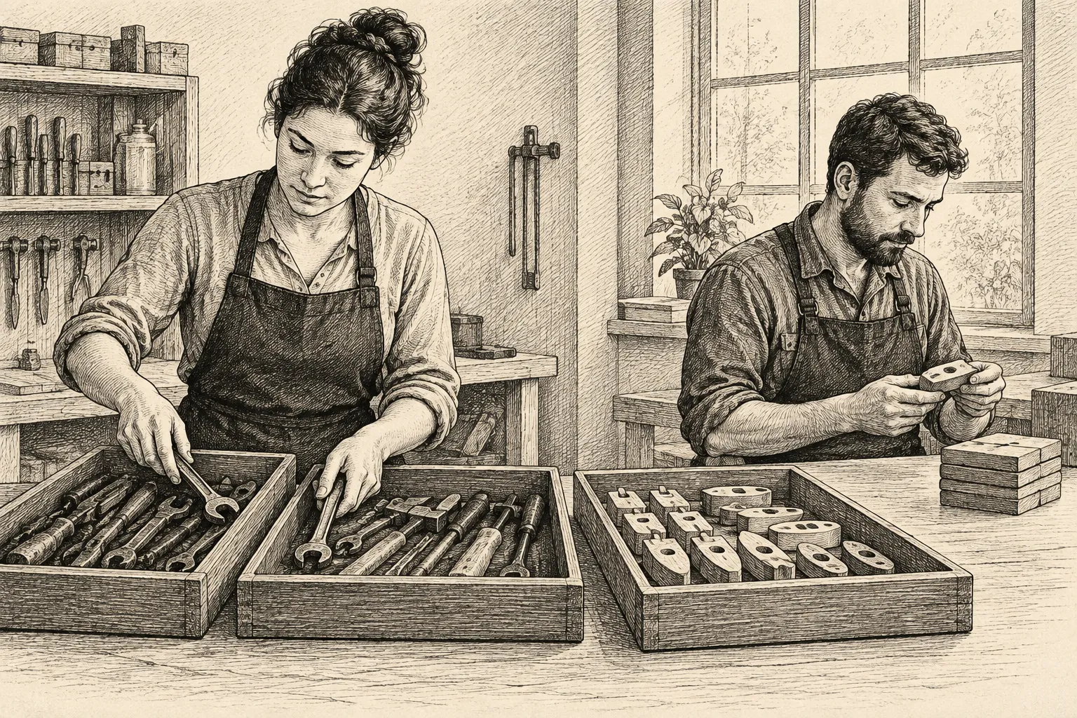 Editorial illustration: An ink drawing of a clerk sorting used tools and completed workpieces into trays while a craftsperson selects the next piece to practise.