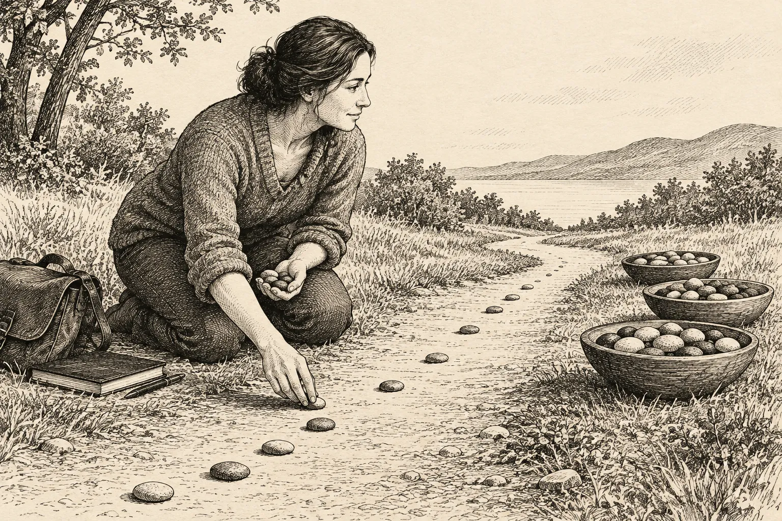 Editorial illustration: An anonymous craftsperson arranges individual beads into small clusters, then uses the clusters to choose the next beads in a long strand.