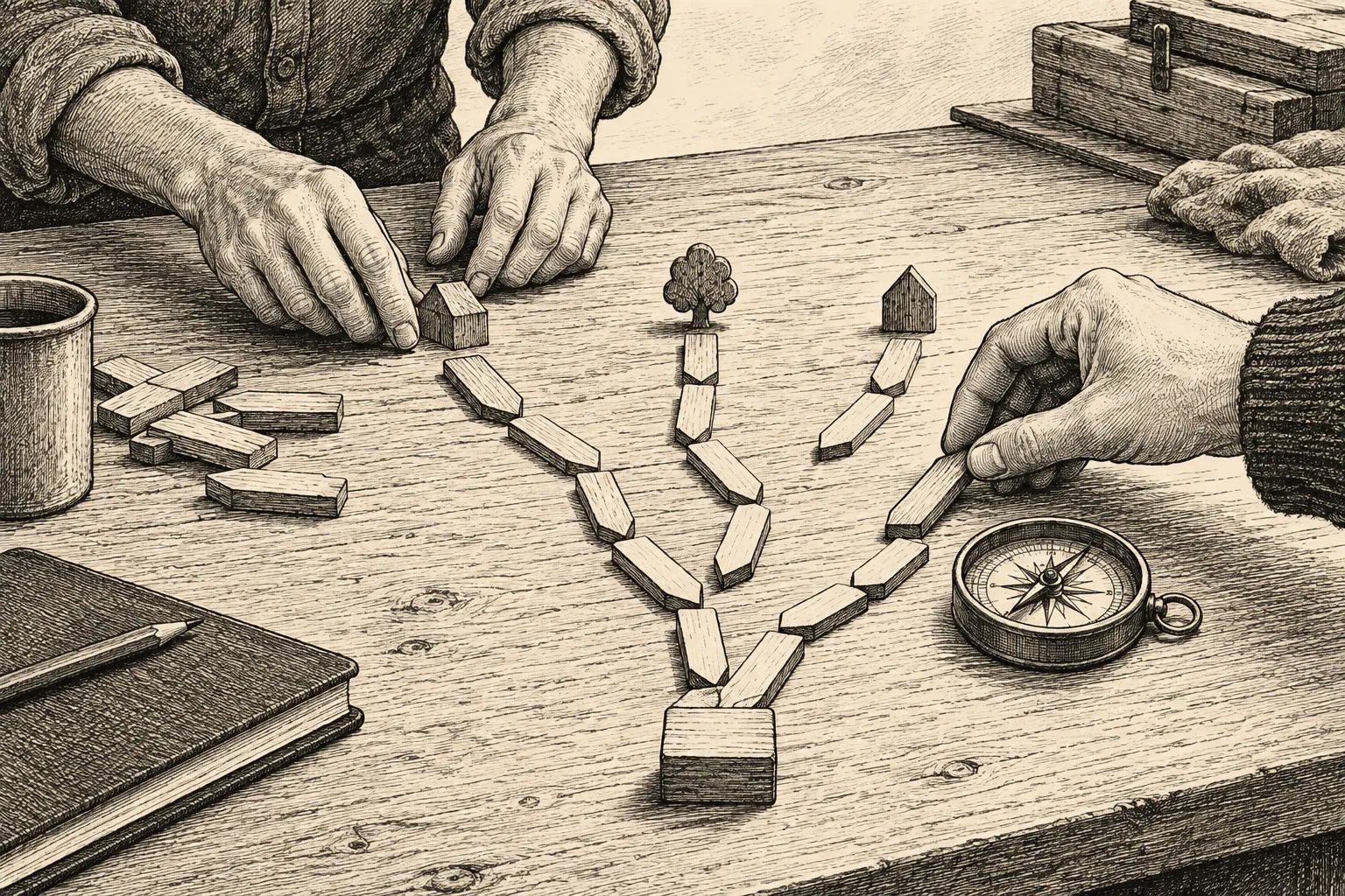 Editorial illustration: An ink illustration of a workbench where one pair of hands lays out possible paths with small wooden pieces while another hand chooses a path and sets a compass beside it.