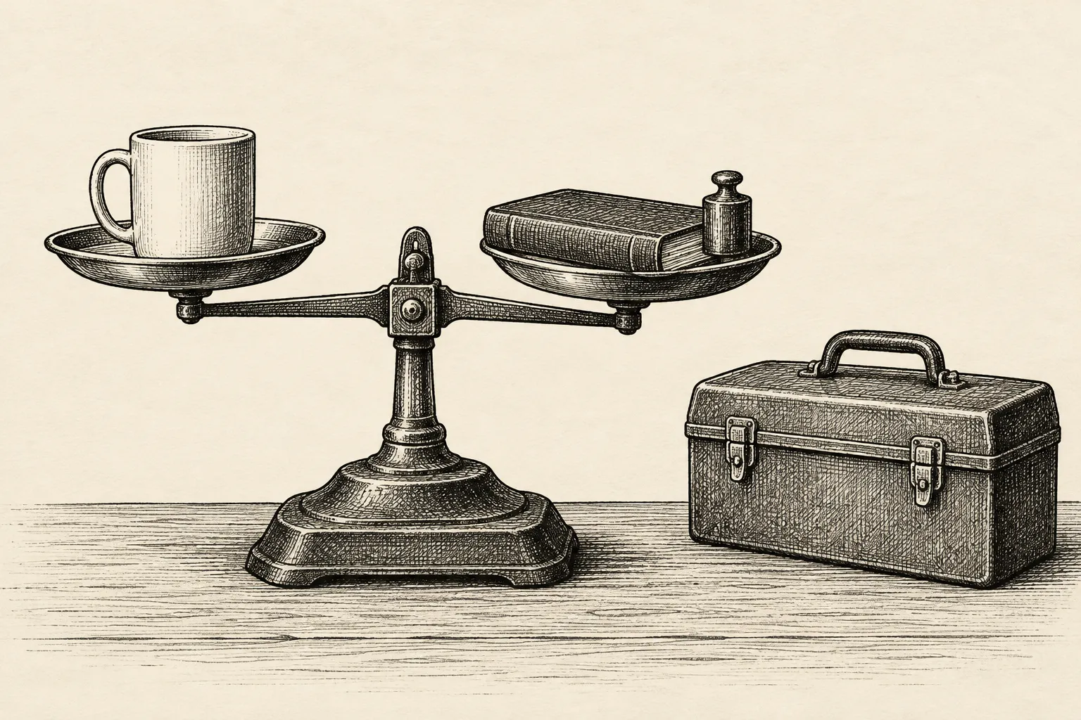 Editorial illustration: An ink drawing of two nearly balanced ordinary objects on a scale, with a small weight tipping one side and a closed toolbox resting nearby.