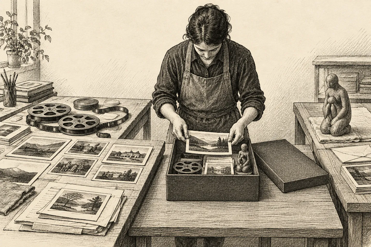 Editorial illustration: An anonymous craftsperson arranges photographs, film reels, papers, and a small sculpture along branching worktables, then places the finished pieces together in a single box.