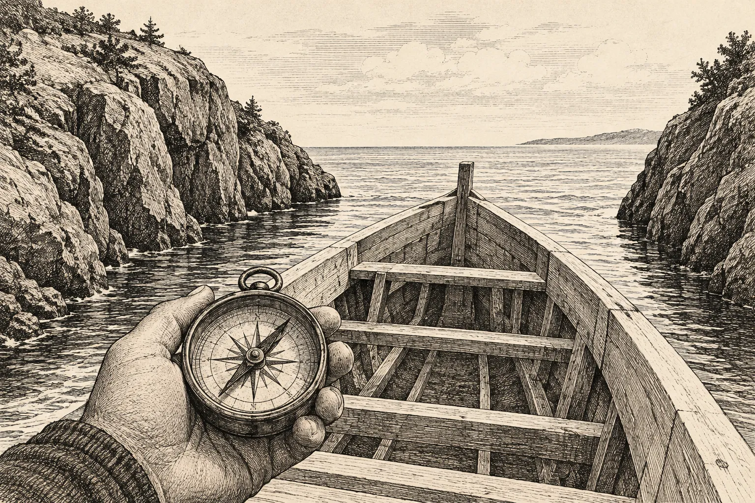 Editorial illustration: An ink drawing of a small lantern lighting the first stretch of a winding path for a much larger traveller, while the path beyond fades into shadow.
