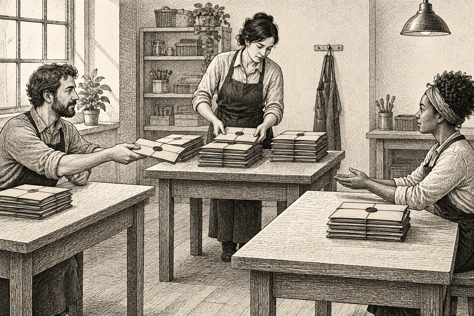 Editorial illustration: An ink illustration of a researcher handing a folder to a coder while a designer waits beside a worktable with unfinished materials.