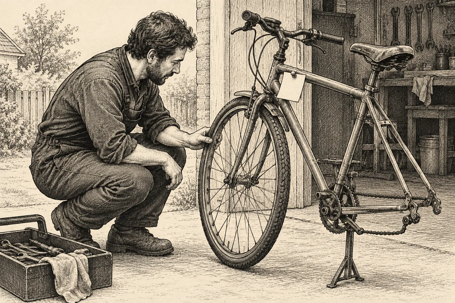 Editorial illustration: An ink drawing shows a mechanic returning to a half-repaired bicycle with a small pinned note, checking the wheel before removing the note.