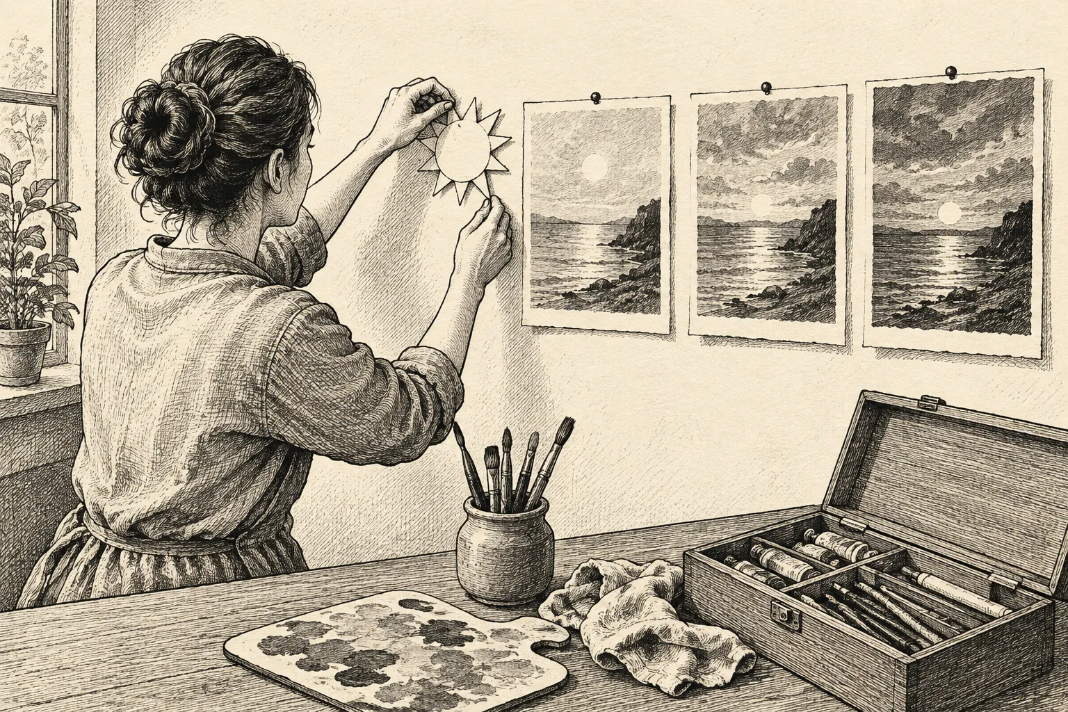 Editorial illustration: An ink drawing of an artist adjusting a paper cutout of a sun while comparing successive painted scenes pinned beside an open box of drawing tools.