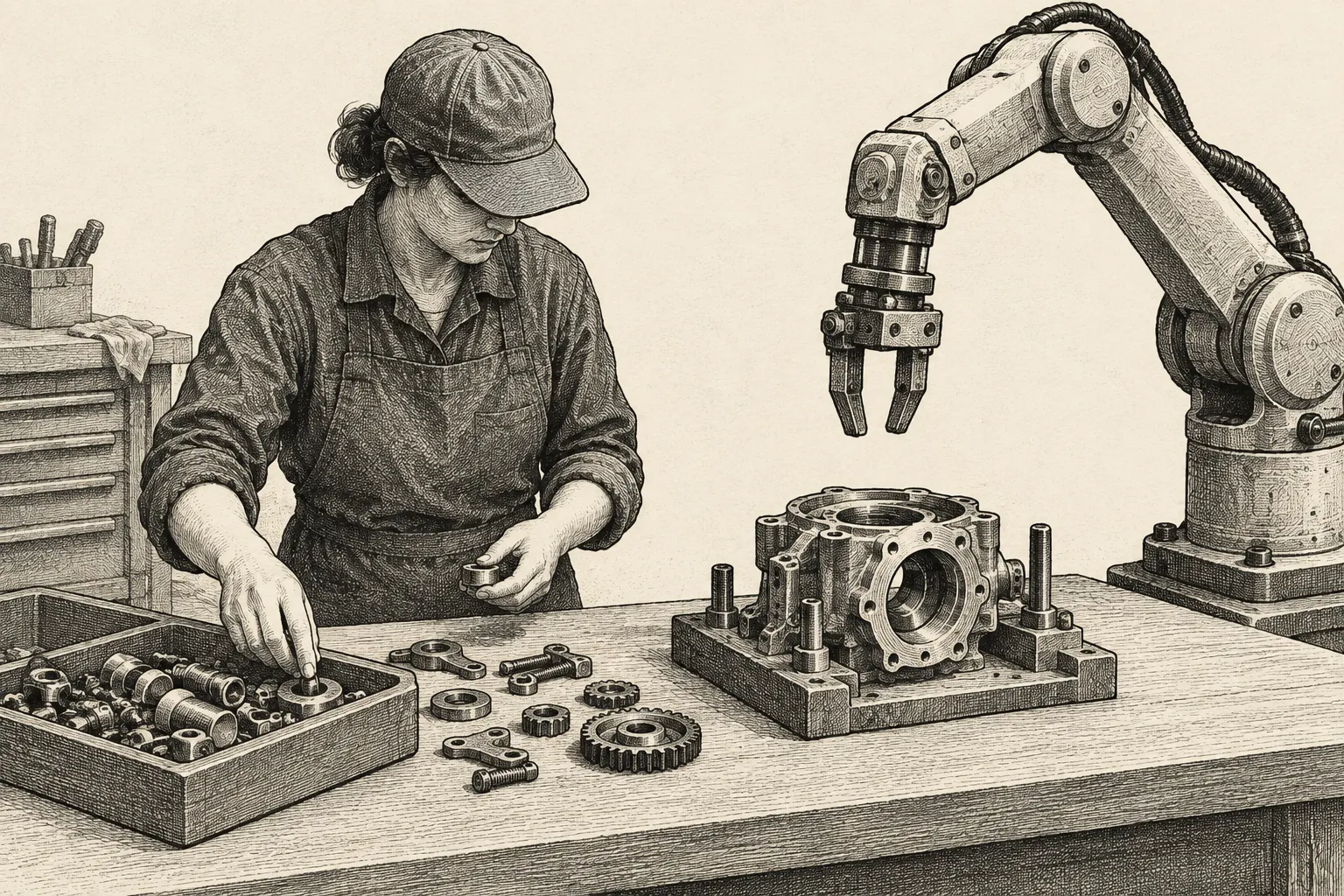 Editorial illustration: An anonymous worker arranges small parts beside a robot arm while a second set of differently shaped parts waits nearby, depicted as a simple editorial ink scene without text or screens.