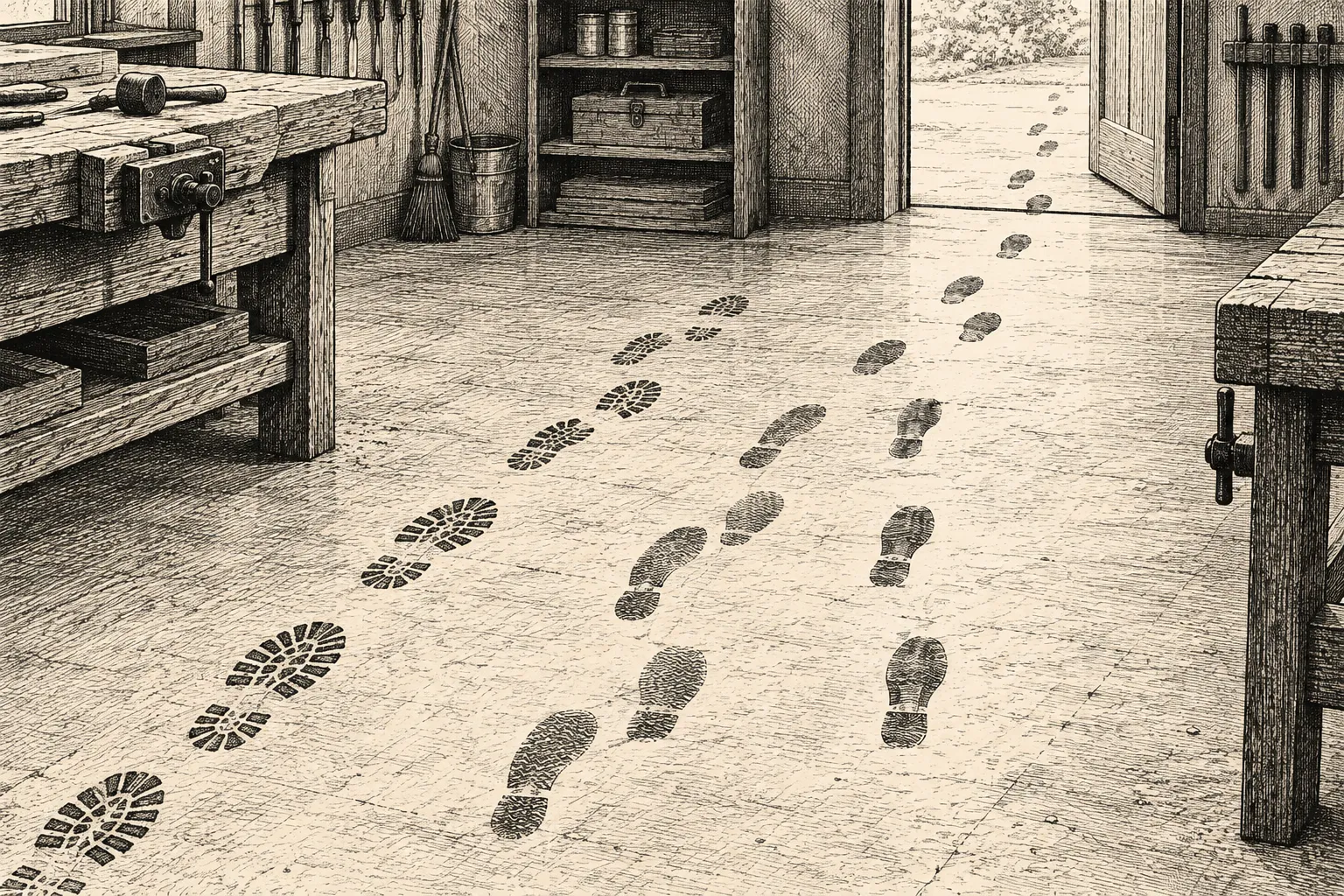 Editorial illustration: An ink drawing of two sets of footprints crossing a workshop floor, with a third set continuing in the same direction beyond them.