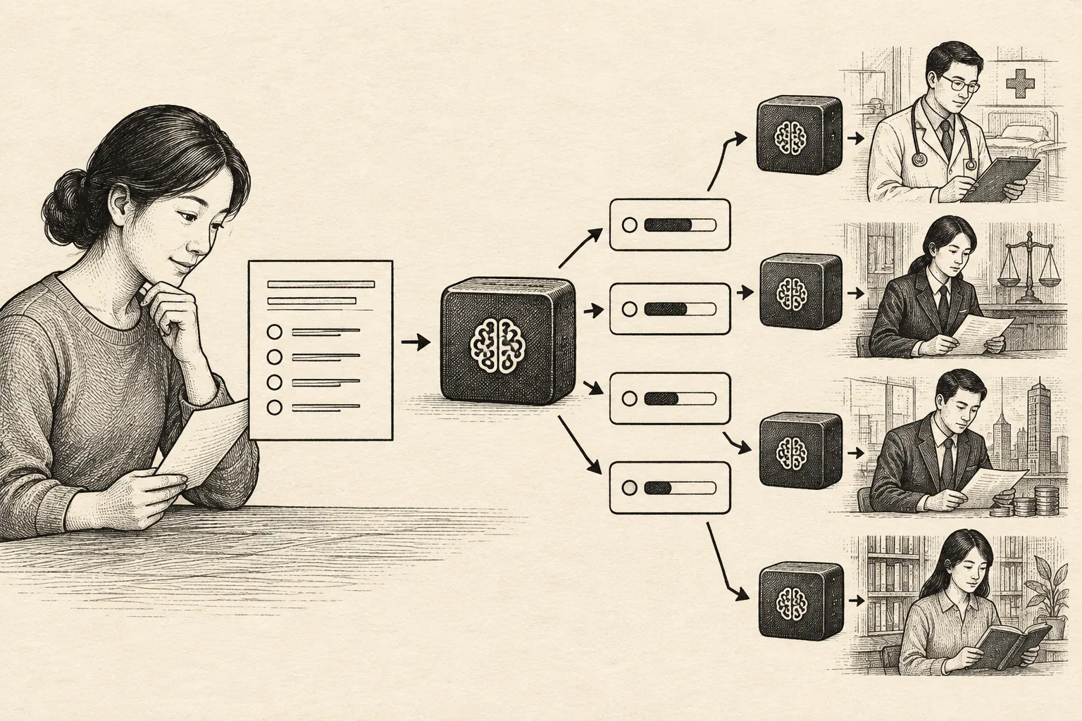 Editorial illustration: Chinese-Jev sorts Chinese text into preset answers