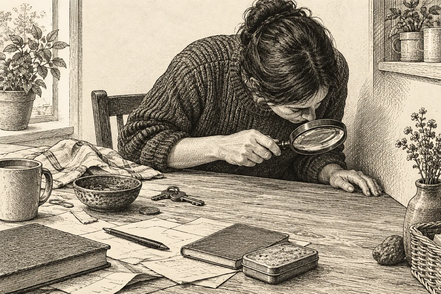 Editorial illustration: An anonymous person examines a cluttered tabletop through a magnifying glass, returning to a previously overlooked corner while keeping one hand on the same glass.