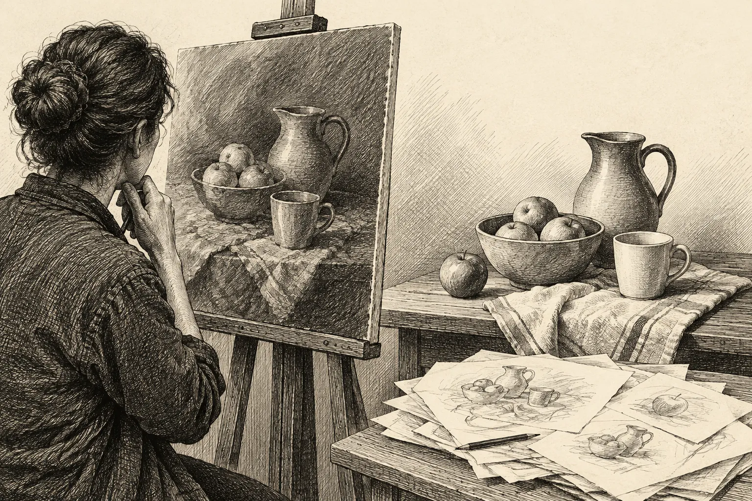 Editorial illustration: Two anonymous sculptors shape matching clay still lifes at separate workbenches, one examining a flawed clay draft while the other works from untouched clay.