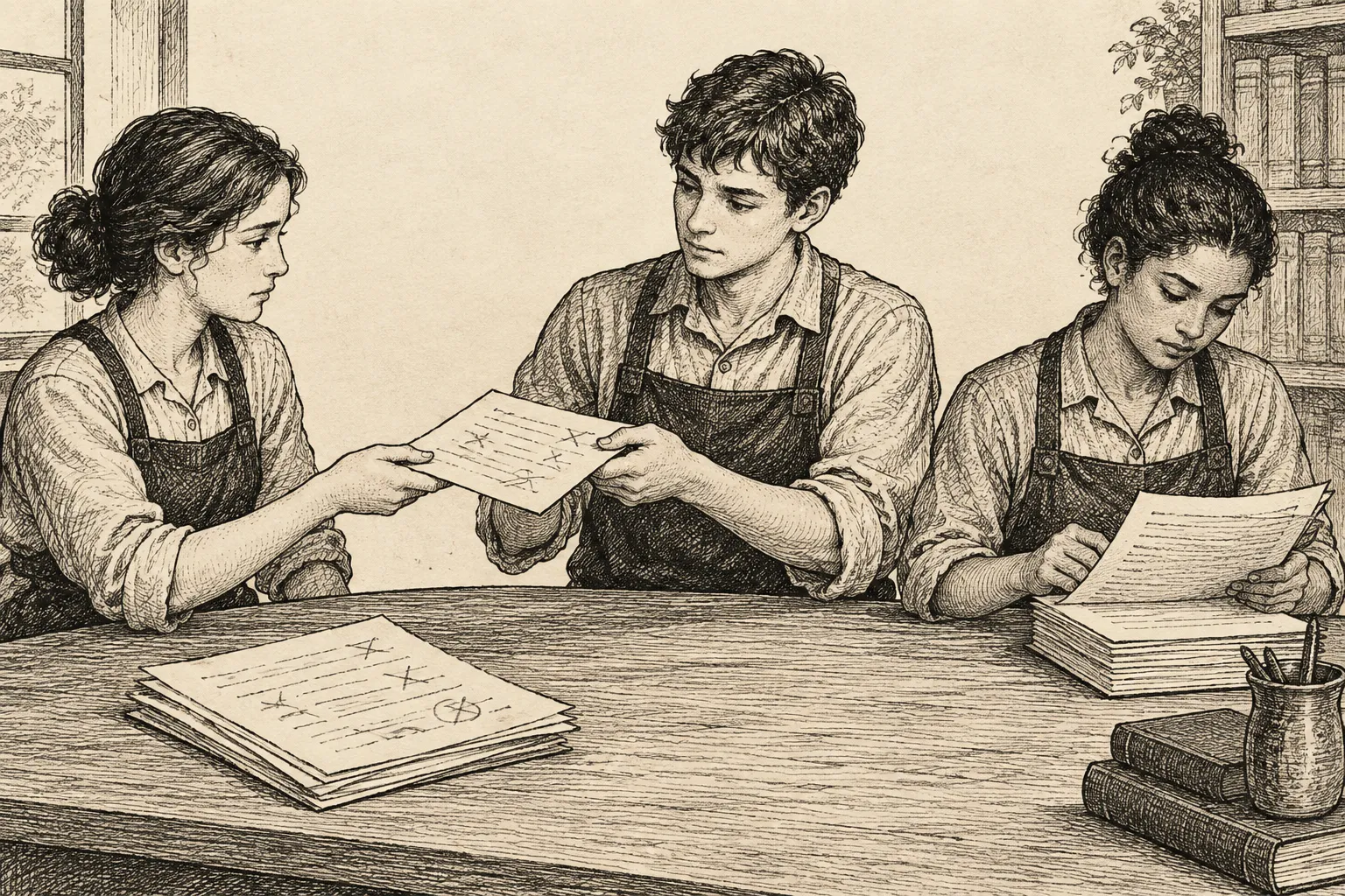 Editorial illustration: An ink drawing of two apprentices passing the same flawed answer sheet back and forth, while a third checks a different stack of source pages.