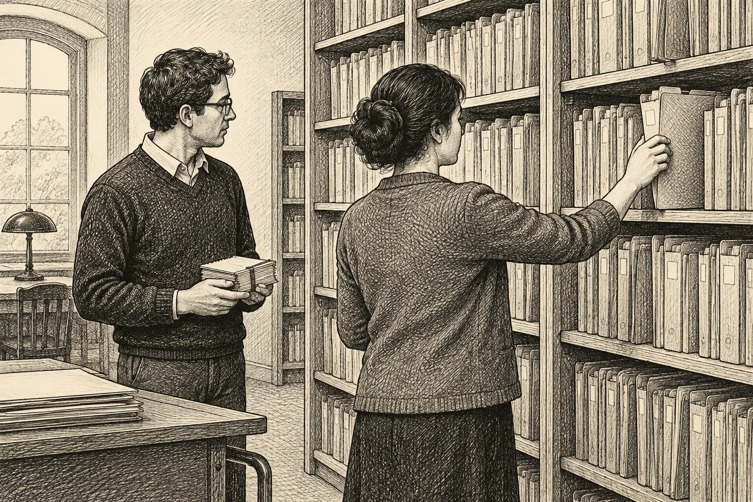Editorial illustration: An anonymous reader searches through a towering stack of blank pages while another person carries a small bundle of selected pages and a third holds a compressed wad of paper.