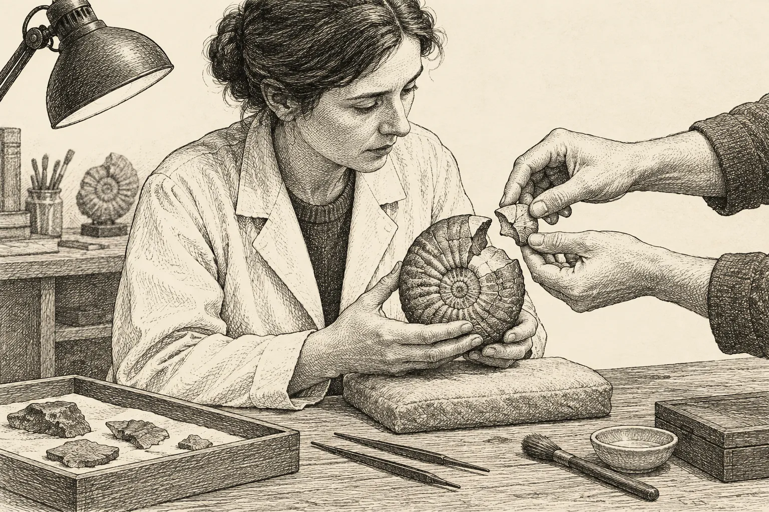 Editorial illustration: An anonymous researcher examines a specimen beside a desk where a winding trail of scattered tools ends at a sealed sample jar, while a second trail circles back to the same misplaced tool.