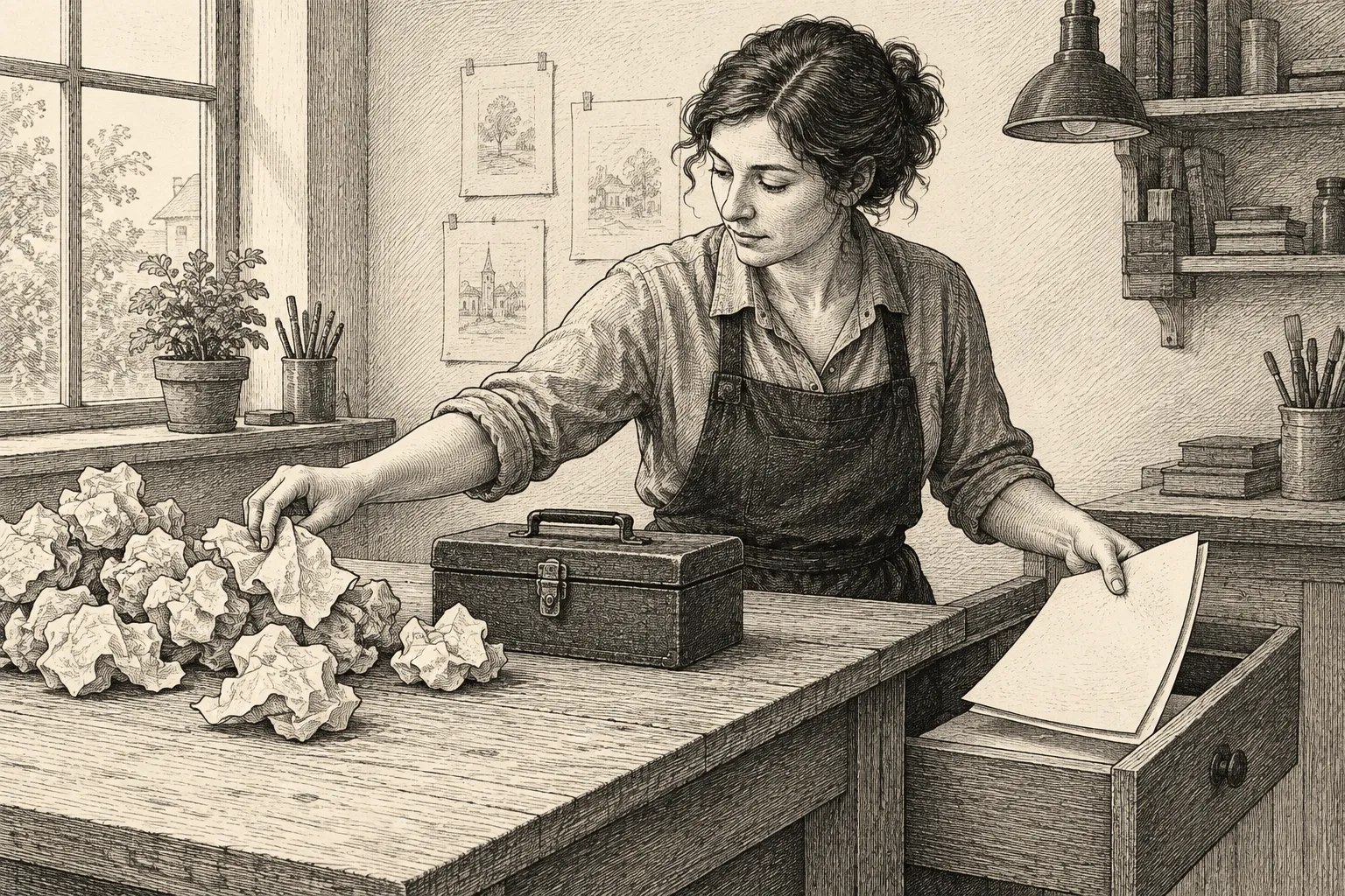Editorial illustration: An editor sorts a pile of crumpled practice sheets beside a small toolbox, returning some sheets to the workbench while drawing fresh ones from a closed drawer.