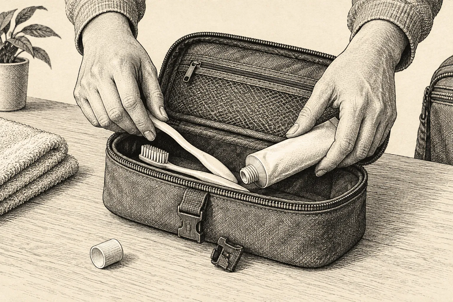 Editorial illustration: An anonymous person’s hands pack a toothbrush and toothpaste into an open travel case, while a loose cap and an unclosed clasp make the unfinished work visible.