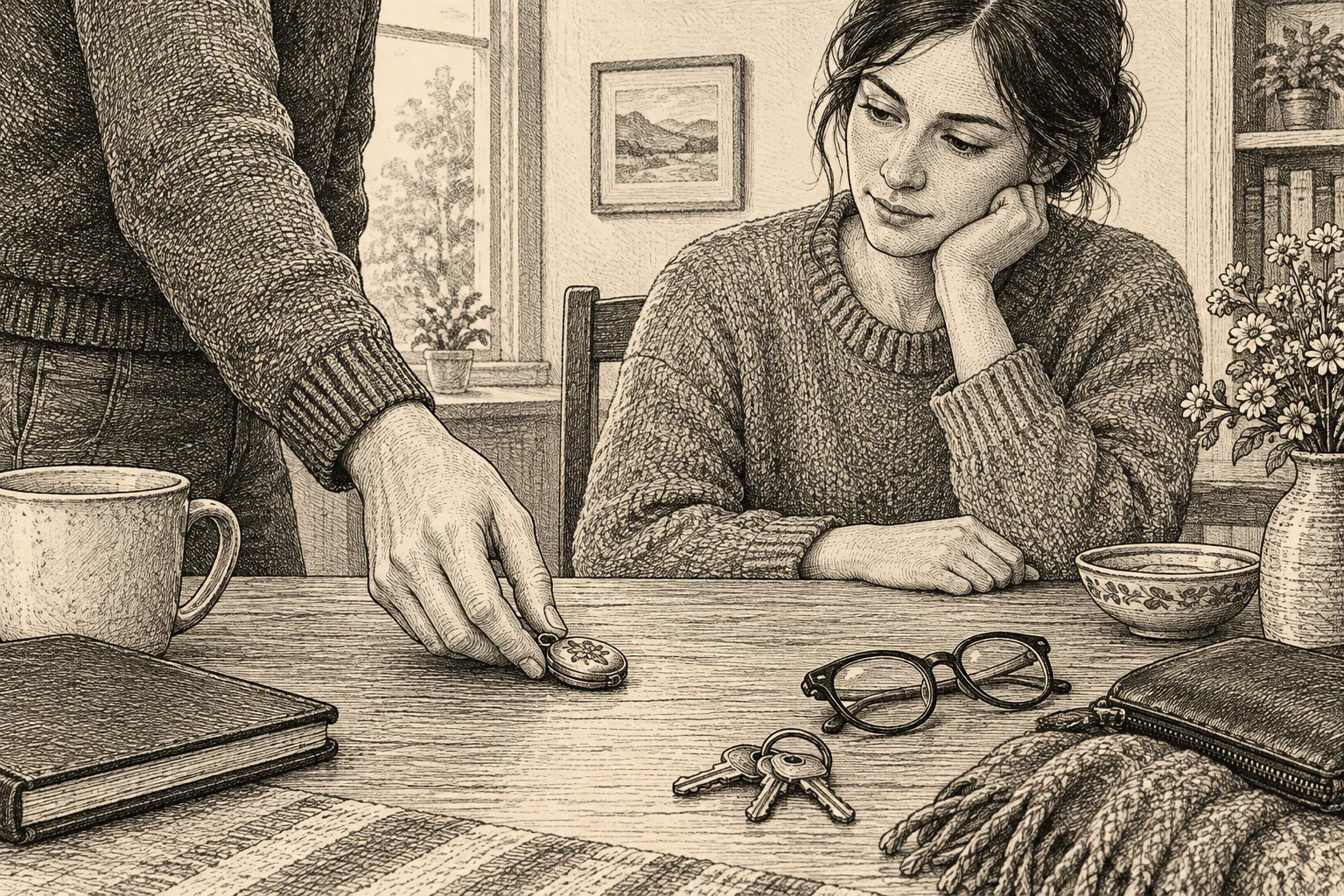 Editorial illustration: An anonymous person sets down a small keepsake among many ordinary objects while a companion quietly considers whether to pick it up.