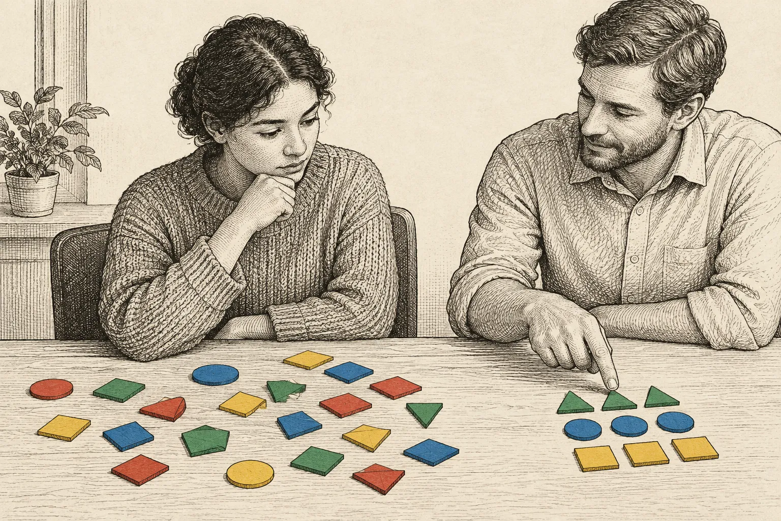Editorial illustration: An anonymous person studies scattered colored shapes while a nearby instructor quietly points toward several matching shapes, without touching them.