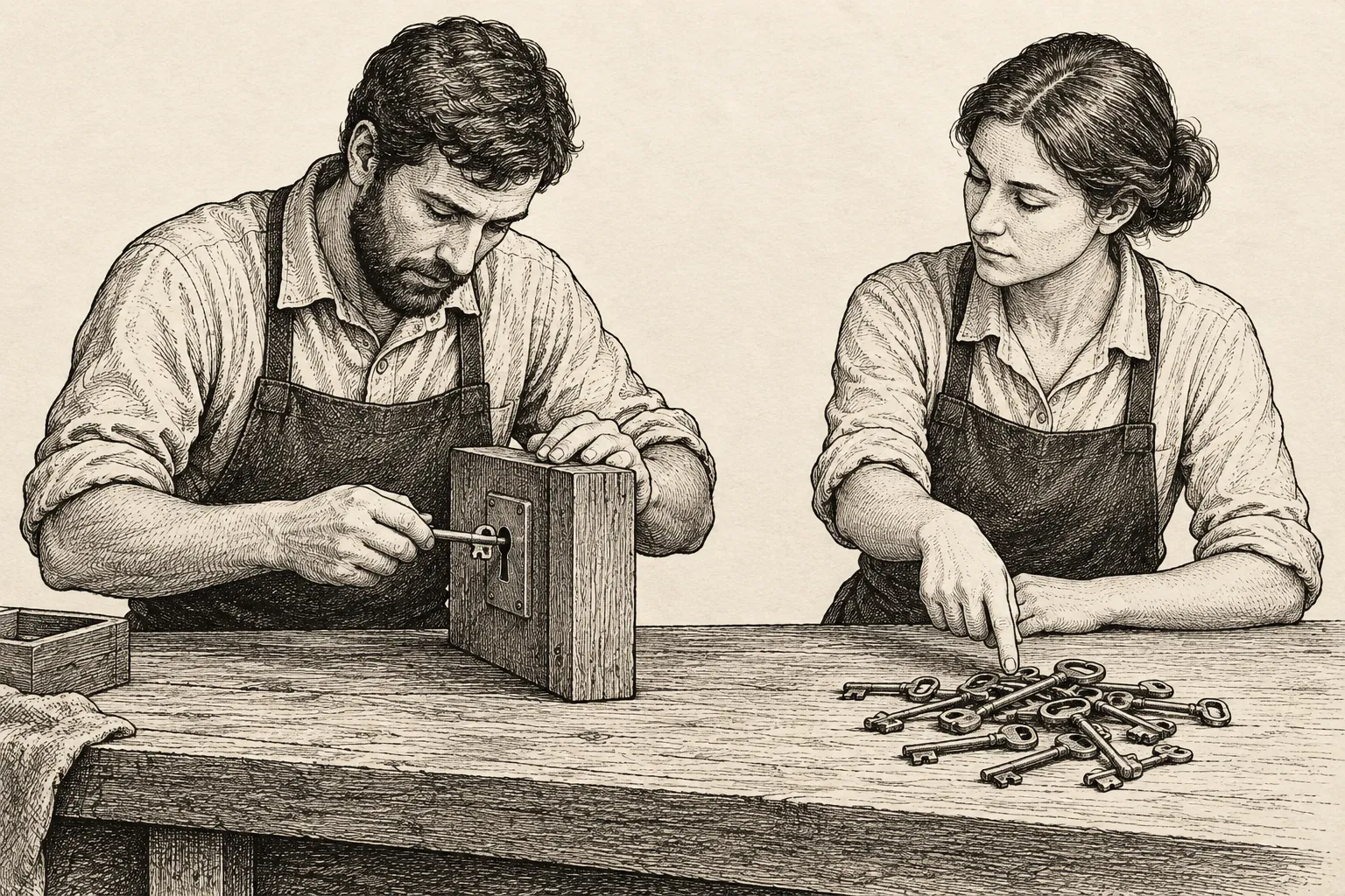 Editorial illustration: An ink drawing shows two anonymous workers at a workbench, one placing a key into a lock while the other merely points toward a pile of keys.