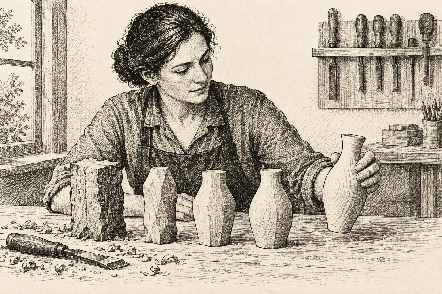 Editorial illustration: An ink illustration of one person comparing a rough clay shape with its finished form, then making a small final adjustment.