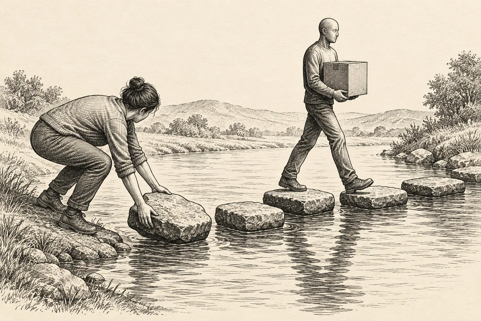 Editorial illustration: An ink drawing shows an anonymous person rearranging a sequence of stepping stones while a humanoid carries a box along them.