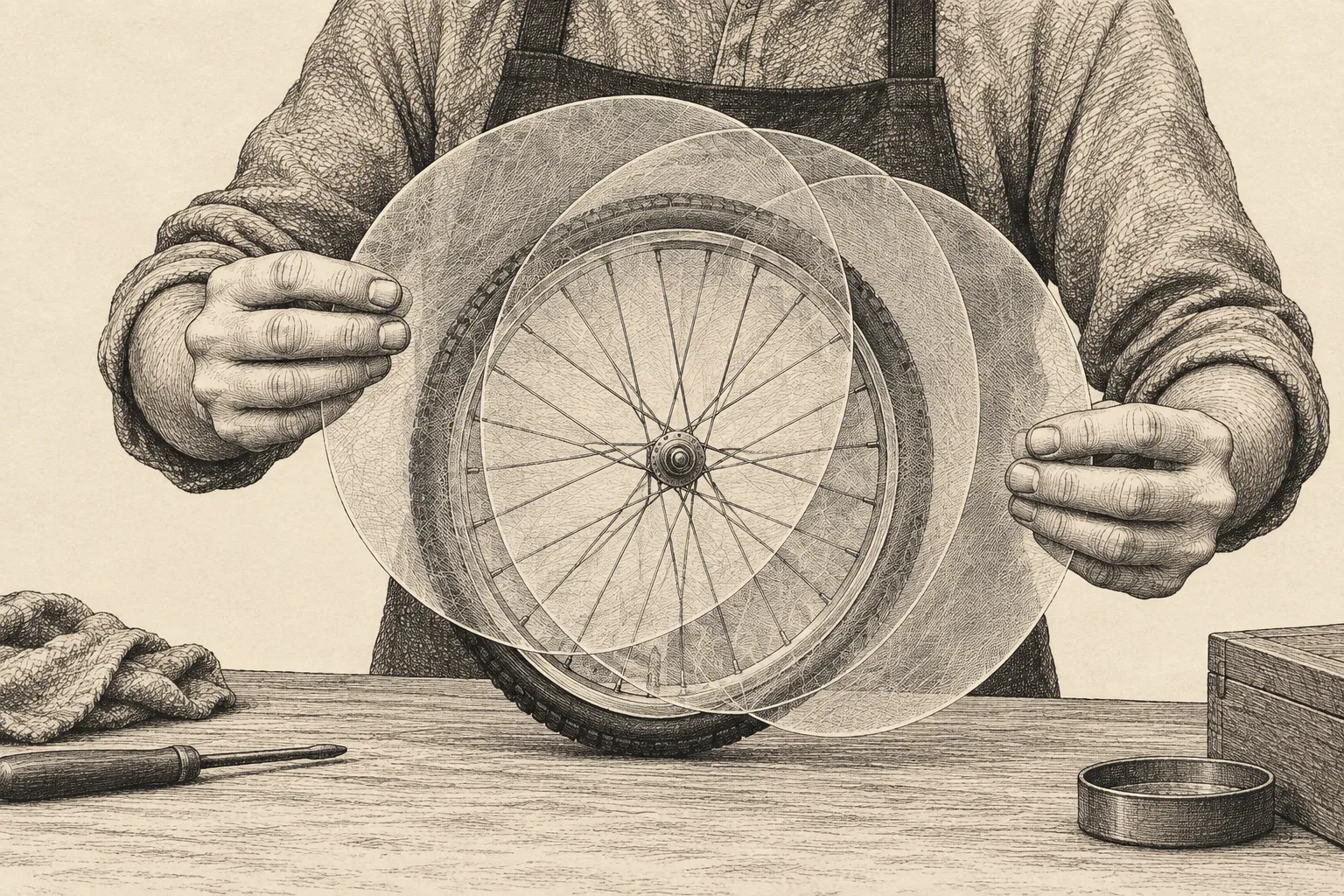 Editorial illustration: An ink drawing shows a delicate bicycle wheel being assembled from overlapping translucent slices, with its spokes and open center remaining visible.