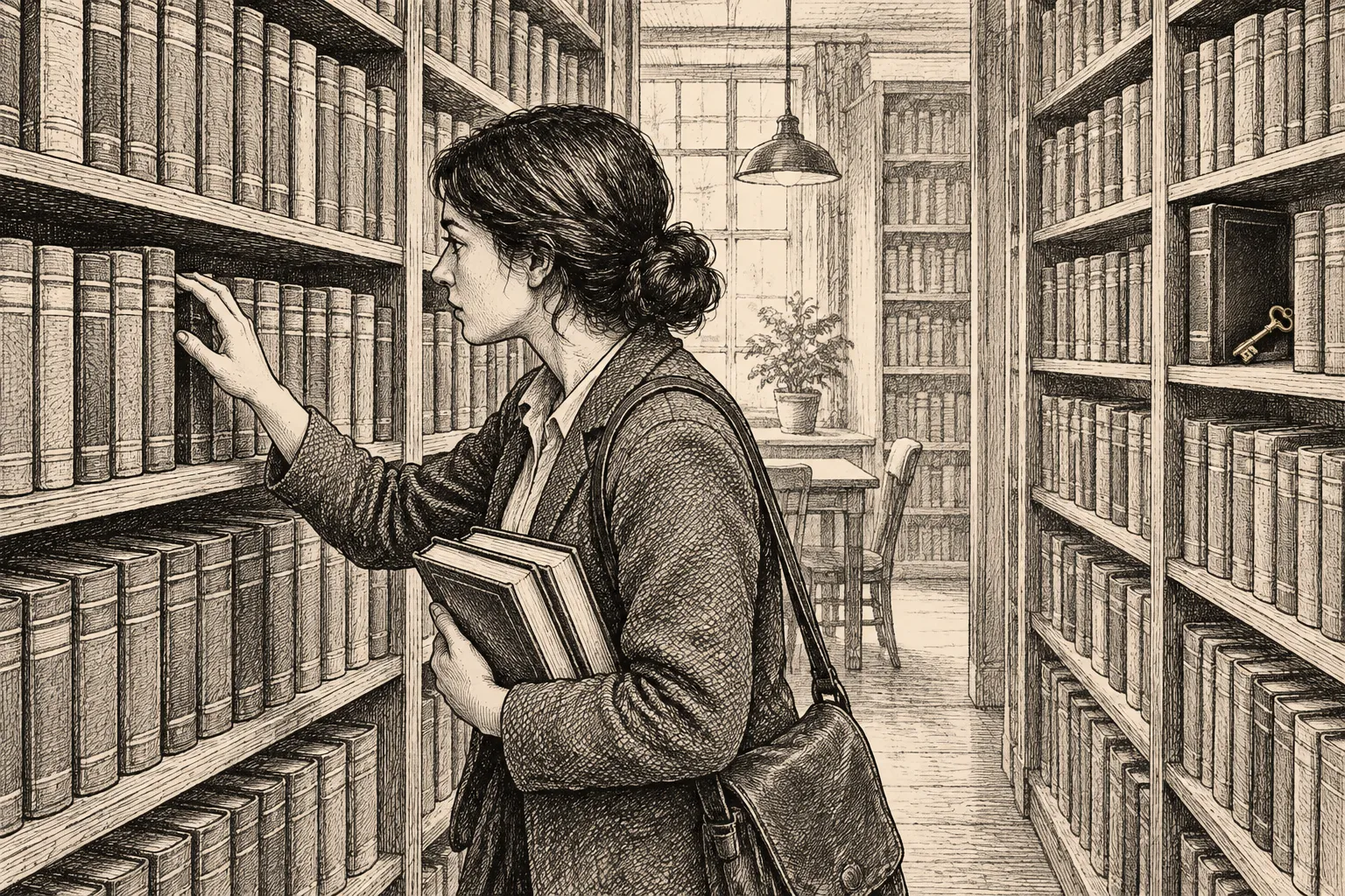 Editorial illustration: An ink illustration of a researcher searching a crowded shelf of similar-looking books while an unexpected book on a distant shelf holds a small key.
