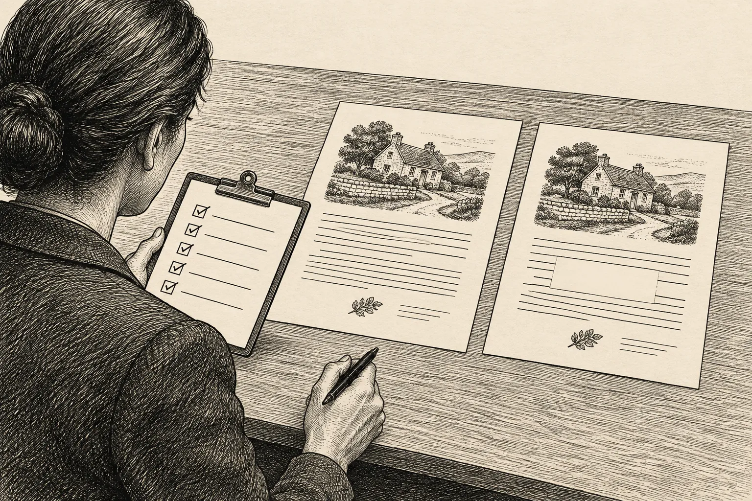Editorial illustration: An ink illustration of a nearly empty answer sheet beside a detailed checklist, with a hand holding a stamp just above an unchecked box.