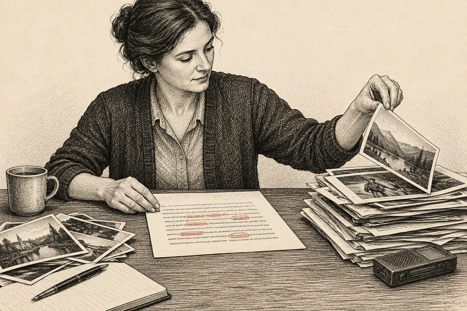 Editorial illustration: An editor examines a photograph and a sound recording laid side by side while carefully lifting one thread from a woven sentence.