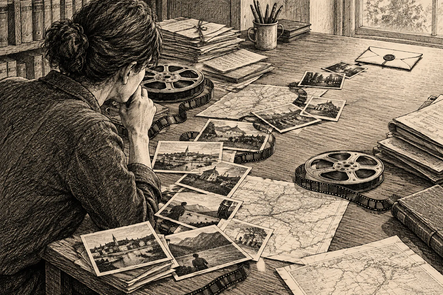 Editorial illustration: An anonymous researcher follows a winding trail of photographs, film reels, maps and paper records across a crowded desk toward a small sealed envelope.
