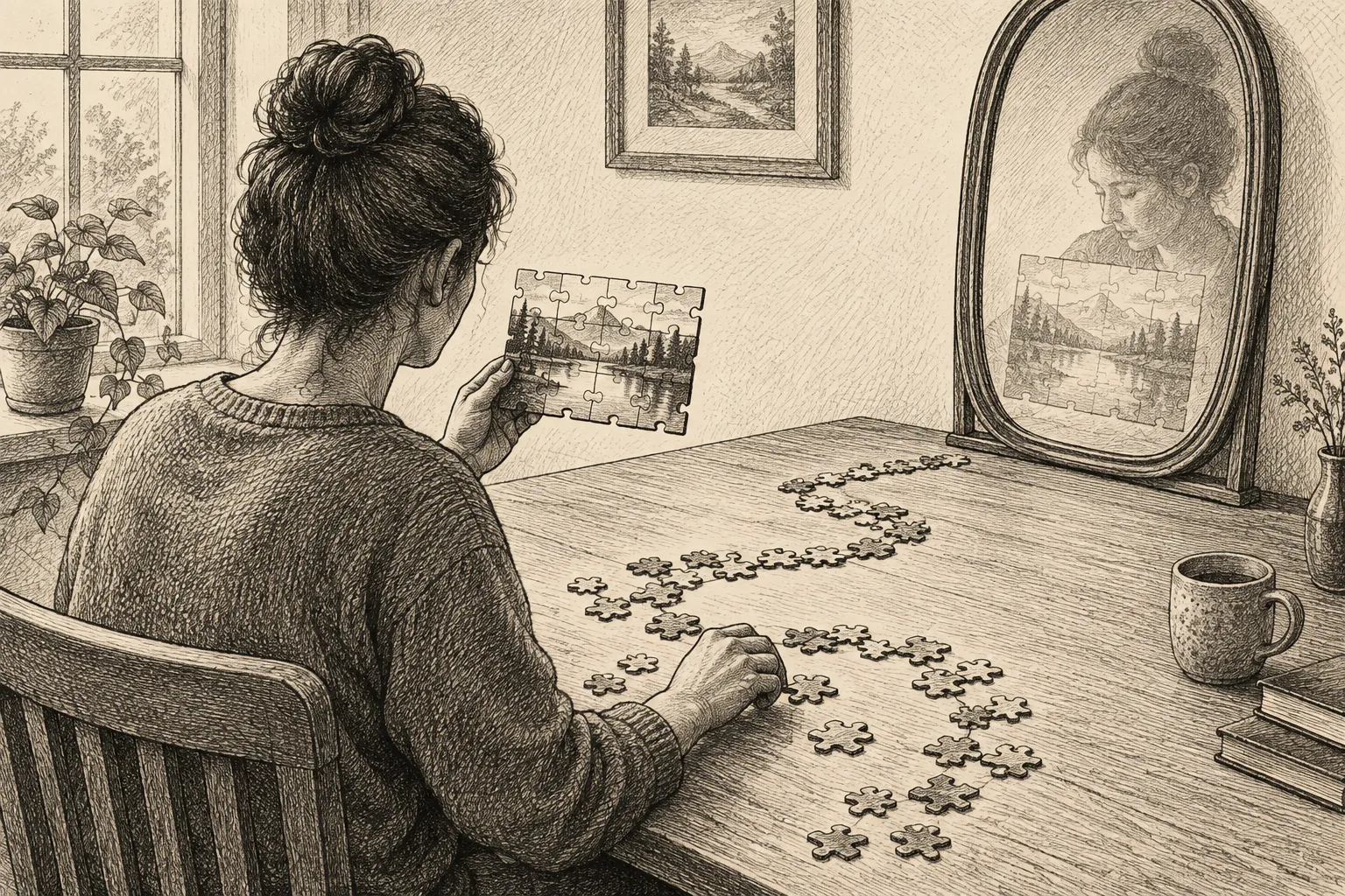 Editorial illustration: An anonymous person lays stepping stones toward a completed wooden puzzle while keeping the finished shape in view across the room.