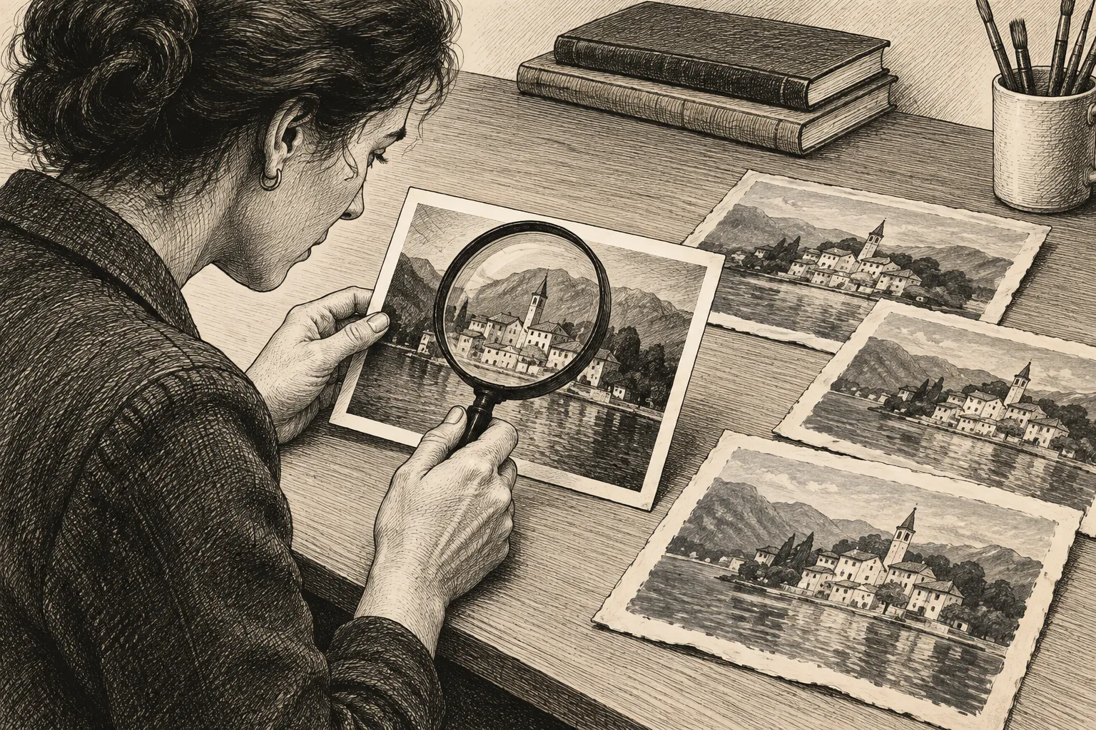 Editorial illustration: An editor holds a magnifying glass over a photograph while several slightly imperfect painted copies lie beside it on a desk.