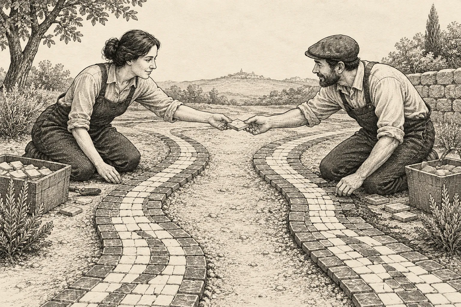 Editorial illustration: Two artisans lay small tiles along parallel winding paths, with one passing a matching tile to the other across the gap.