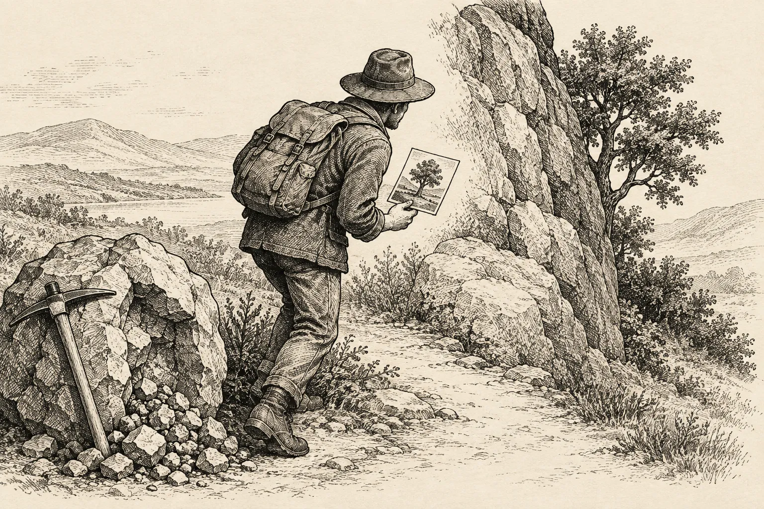 Editorial illustration: An anonymous explorer stands at a fork in a blocky landscape, holding a picture of a distinctive stone while looking past nearby trees for a matching stone.
